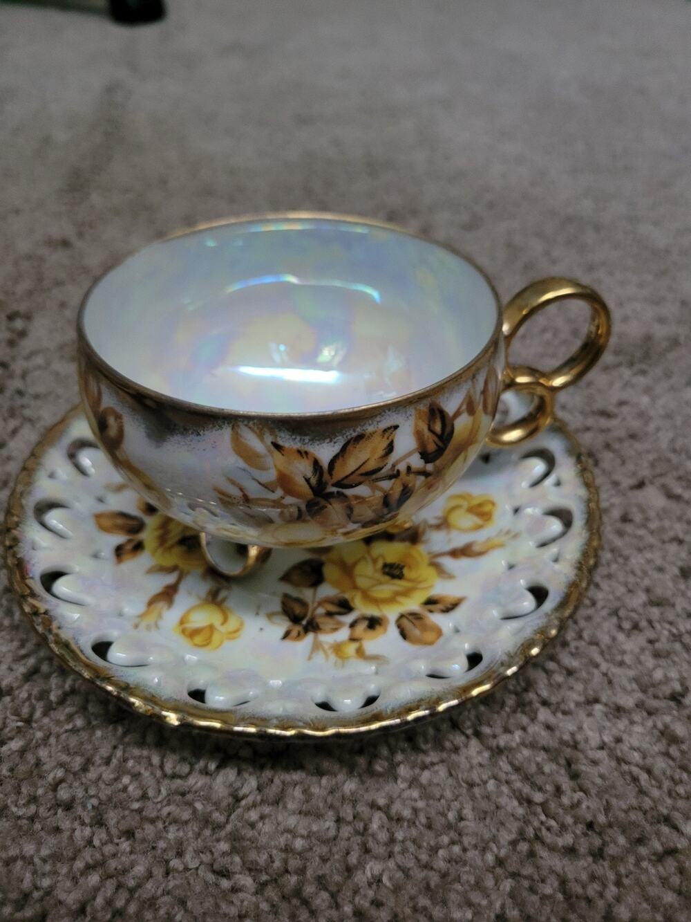 Royal Sealy China 3 Footed Luster Yellow Gold Roses Teacup & Reticulated Saucer